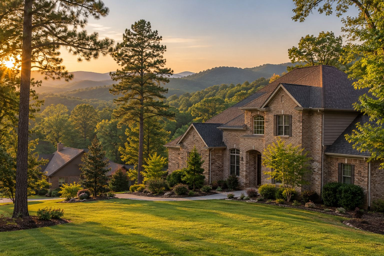 A brick Central Arkansas home with a tree lined yard, illustrative