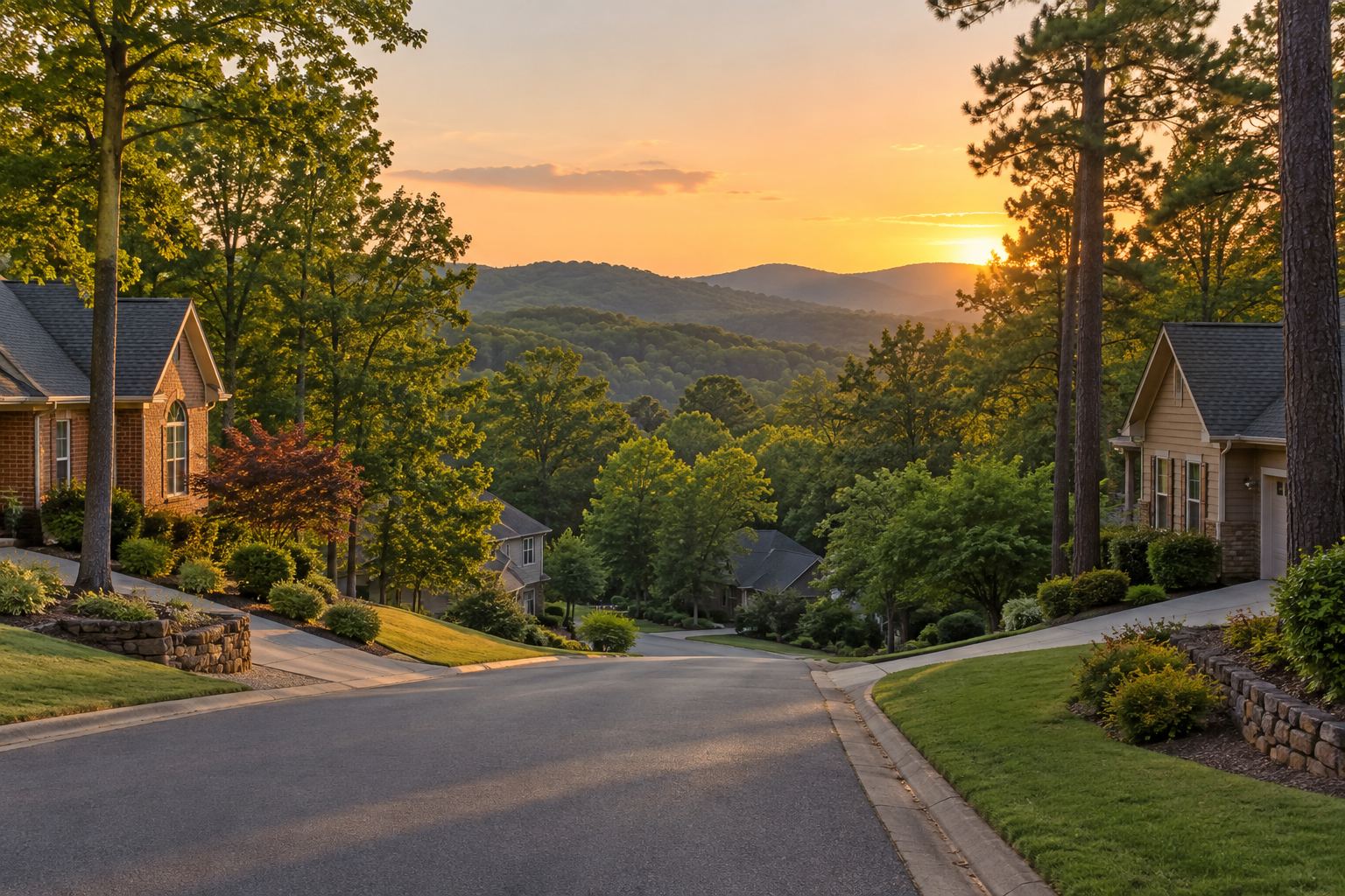 A Hot Springs residential street at sunset, illustrative