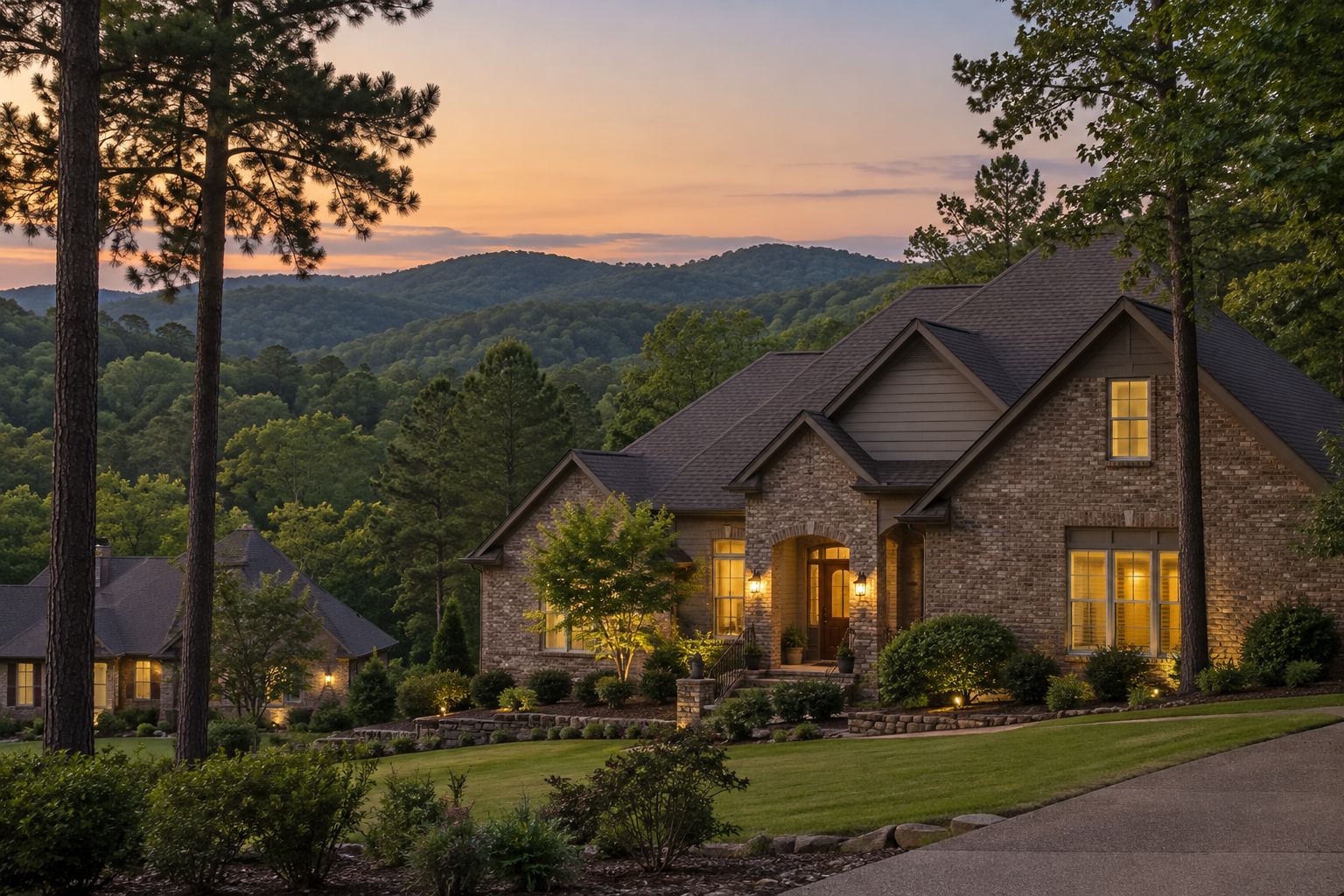 A Garland County home at dusk, illustrative
