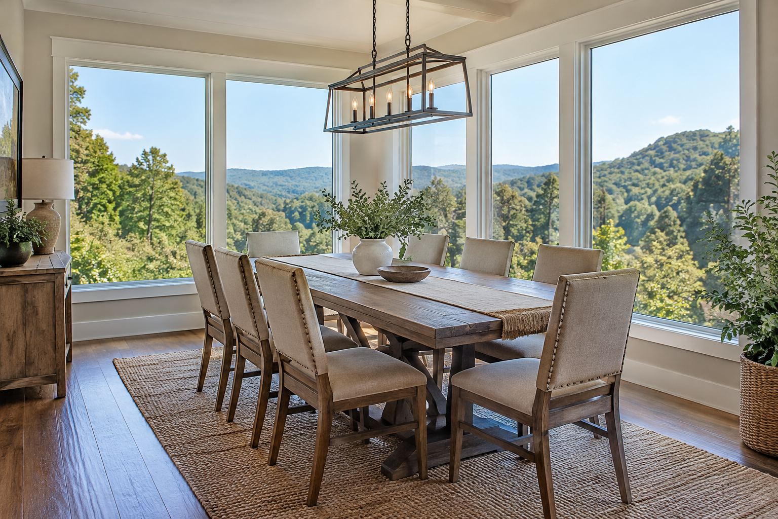 A bright dining room, illustrative